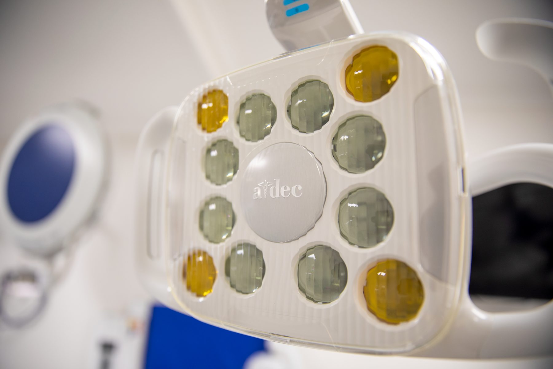 A close-up of the LED operating light above a dental chair at Optimal Dental Care